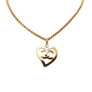 Chanel Gold Plated Cc Heart Pendant Necklace
